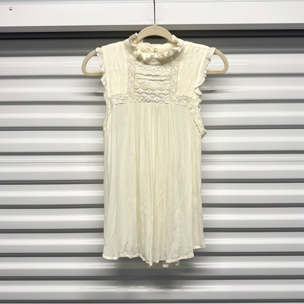 Anthropologie Cream Lace High Neck Ruffle Blouse